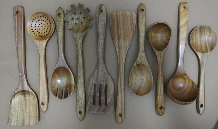 Spatulas, 10 PCS Natural Acacia Wooden Cooking Utensils Set - Durable Wooden Spatulas, Spoons & Ladle for Kitchen