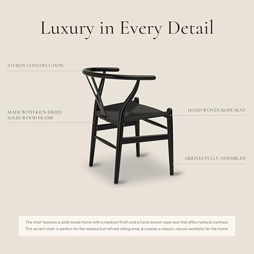 Image of Poly & Bark Weave Dining Chairs - Mid-Century Modern Wishbone Dining Chairs with Arms, Solid Wood Frame, Indoor Use - Pitch Black - Single - Ideal for Dining Room, Kitchen or Stylish Accent Setting
