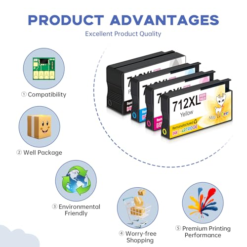Image of Miss Deer 712XL Ink Cartridges Combo Pack, Compatible Replacement for HP 712 712XL Work for DesignJet T650 T250 T230 T630 T210 Studio Plotter Printer,4 Pack(BK /C /M /Y)