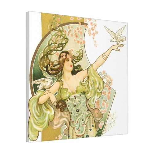 絵画 フレーム装飾画 エウァタニエル Woman In Light Green Purple Dove On Outstretched Hand Right Upper Arm キャンバスアート アートパネル 壁画 壁掛け 絵 モダンアート 版画 壁飾り