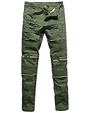 Rexcyril Men's Moto Biker Jeans Distressed Ripped Skinny Slim Fit Denim Pants with Zippers, Green, W32