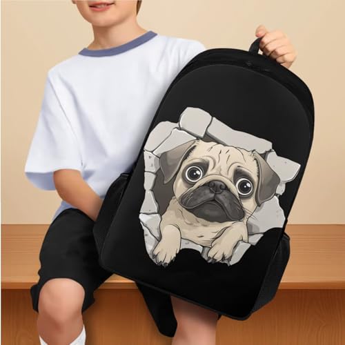 Pug Cute School Bag with Lunch Box Pencil Case Water Bottle Holder Kids Backpack 4PCS Set Bookbag for 6-8 Years Boys Girls Primary Elementary Students Sturdy School Bag3
