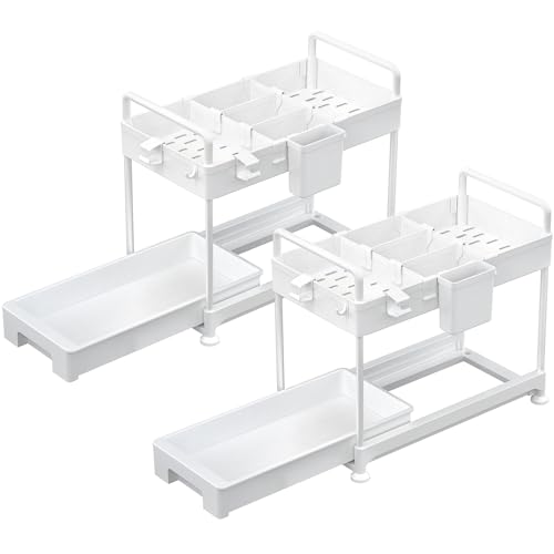 SOLEJAZZ 2-stöckiger Organizer unter der Spüle, zum Schieben unter dem Badezimmerschrank, Aufbewahrung von Schubladen, mit Haken, zum Aufhängen, Trennwänden, Mehrzweck-Regal, weiß, 2 Stück