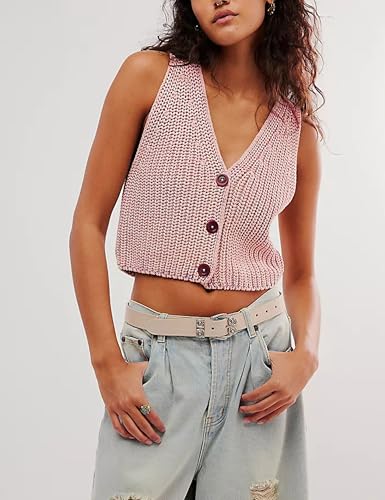 Image of Womens Cropped Sweaters Vest Button Down V Neck Knit Sleeveless Crop Sweater 2025 Summer Casual Tank Tops