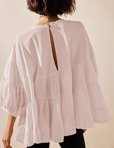 Bankeng Women's Babydoll Shirts 3/4 Lantern Sleeve Peplum Tops Crewneck Loose Fit Oversized Round Neck Tunic Shirts4