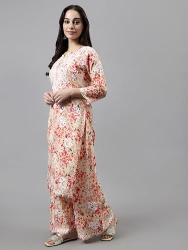Image of Seva Chikan Hand Embroidered Lucknowi Chikankari Mal Mal Straight Printed Kurta & Palazzo Set for Women SCL8041