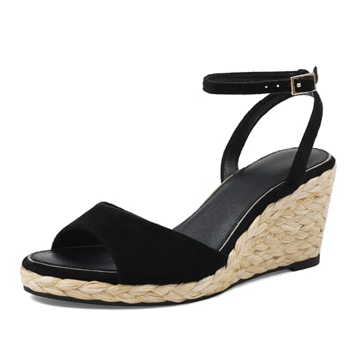 Image of Marc Ford Wedge Sandals For Women Raffia Espadrille Platform Wedges Summer Comfort Sandals Ankle Strap Stylish Open Toe Beach Vcation Raffia Wedges Heels 3 inch