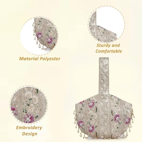 Image of Nevis Stylish Embroidery Unique Design Traditional Wedding Party Handheld Potli Bag for Women (Gold)
