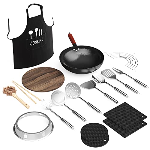Gekko And Co. Carbon Steel Wok Pan With Lid Bundled With Hot Pads – 14-Piece Woks & Stir-Fry Pans Set –Non-Stick Chinese Wok Pan – Woks For Electric Stove, Gas, Halogen, Induction – 12.6 Inches #TOP5