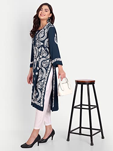 Image of indiankala4u Women's Hand Embroidered Chikankari Kurta for Women | Modal Cotton Straight Kurti | Lucknowi Chikan Work Ethnic Kurta | Full Sleeve Festive Office Wear