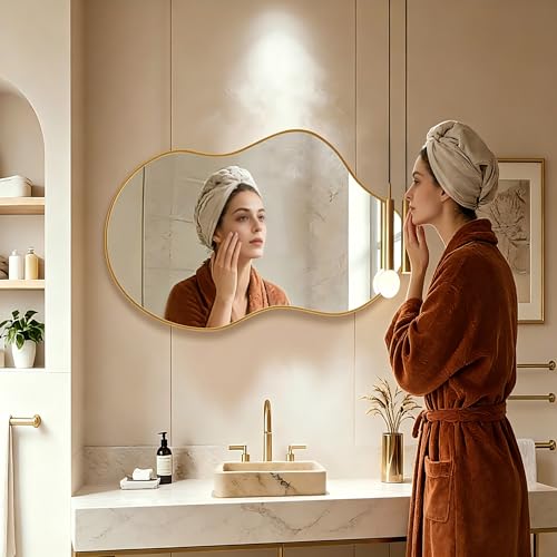 Image of Irregular Wall Mirror 20x36 Inch Wall Mirrors Decor Gold Asymmetrical | Modern Abstract Mirror for Bathroom Bedroom Living Room Entryway Hallway