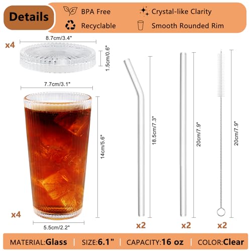 Shodiffy Verre avec Couvercle et Paille, 4 Pièces Verre a Eau 375ML Classique avec Bpaille et Brosse pour Soda Jus Lait Cocktail – vue 5