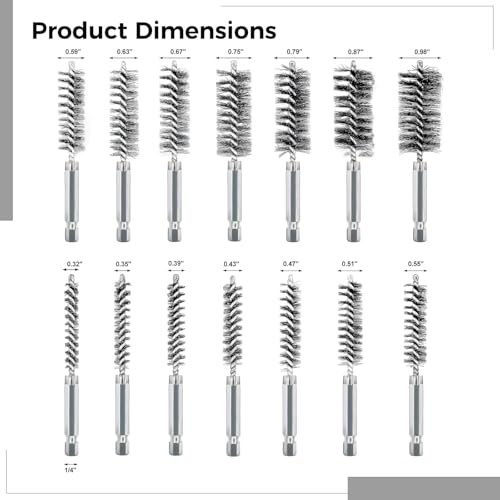 Image of 14 PCS Stainless Steel Bore Brushes, 5 /16 to 1 Inch Wire Brush for Drill, Heavy-Duty Metal Bristle Cleaning Brushes with 1 /4 Inches Hex Shank for Pipe Metal Surface, Rust Removal Deburring Degreasing
