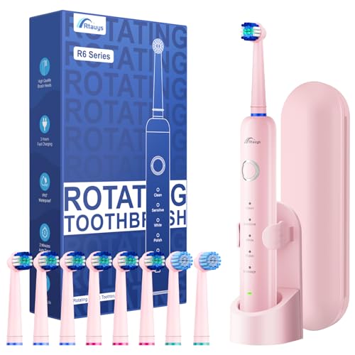 Rtauys Rotating Electric Toothbrush for Adults with 8 Brush Heads (2 Types), 5 Modes Rechargeable Power Toothbrush with Travel Case and 2 Minute Smrte Timer