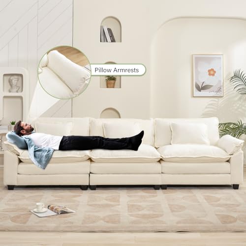 Image of Oprisen 120 inch Modular Sectional Sofa, Comfy Cloud Couch Sectional Sofa, Chenille Sofa Sleeper Deep Seat Sofa with Throw Pillows for Living Room (Beige White, 120 inch- 3 Seater)