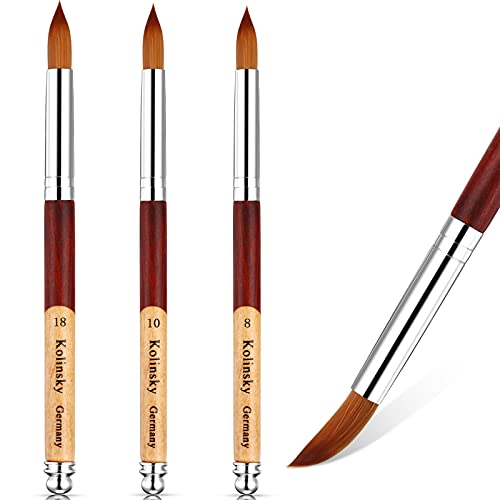 3 Pieces Kolinsky Acrylic Nail Brush, Acrylic Nails Art Brush with 2-Color Stitching Design Round Wood Handle for Acrylic Application Manicure (Size 8, 10, 18)