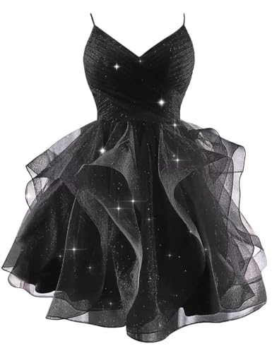 Hiclein Black Sparkly Tulle Short Homecoming Dresses for Teens 2025 Spaghetti Strap Tiered Short Prom Dress V Neck Cocktail Party Gown US2