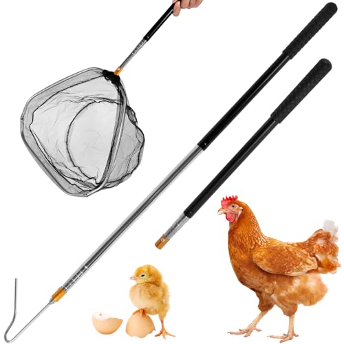 Chicken Net Catcher Telescopic Chicken Catching Net with Handle 58.5 Inch Stainless Steel Pole Poultry Catcher Leg Hook for Catching Poultry Chickens Turkeys Geese Ducks Fish