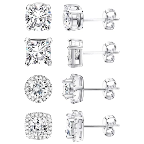 4 Pairs Cubic Zirconia Earrings - 14K Gold Plated Tiny Studs, Square Round Teardrop Heart Halo Designs, Hypoallergenic for Women