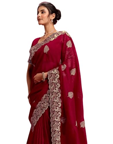 Image of SIRIL Women's Shimmer Chiffon Sequence Embroidery Saree With Unstitched Blouse Piece for Wedding and Parties