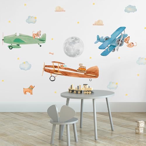 Image of Large Airplane Wall Decals for Kids by Lipastick - 47 pcs Premium Kids Wall Stickers Aircrafts - Creative Nursery Wall Decal - Plane Vinyl Wall Decals for Baby Nursery Children Room Bedroom M Size