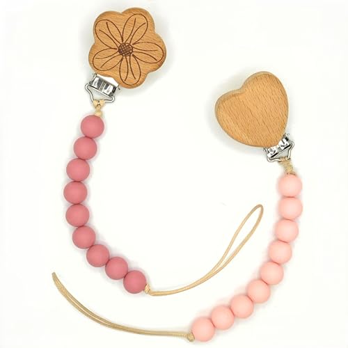 Canjolie Wood Paci Clips 2 Pack for Baby Girl, Premium Flexible Bead Design, Universal Fit, Safe Pacifier Holder