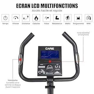 CARE FITNESS - Vélo d’Appartement CV-385-24 Niveaux de Difficulté - 24 Programmes - Compteur LCD Rétro-éclairé - Cardiofréquencemètres - Compatible avec l'application Kinomap - Port USB Noir