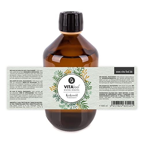 GreatVita Kokosöl Fraktioniert 500 ml | Transparent & Flüssig | Geruchsneutral, Feuchtigkeitsspendend für Haut & Haar | Natürliches Pflegeöl für Make-Up Entfernung, Massage & Haarmaske
