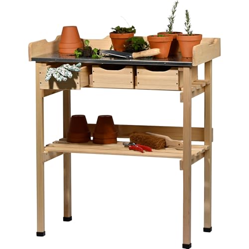 dobar® Pflanztisch mit 3 Schubladen und Ablageboden - Blumentisch aus Massivholz mit Schutzkappen - Gartentisch Outdoor mit verzinkter...