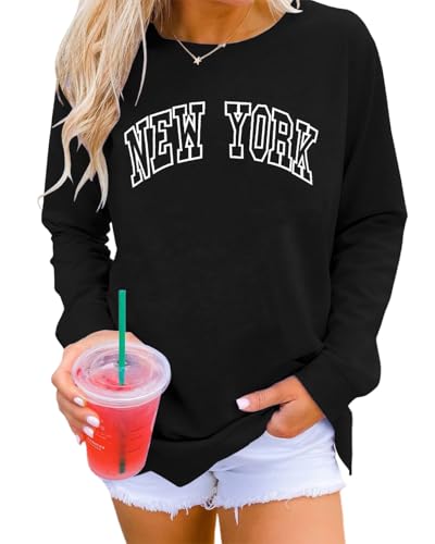 Dressmine New York Sweatshirt for Women Casual Long Sleeve Cute Graphic Hoodies Fall Fashion Shirts Crewneck Pullover Black Large