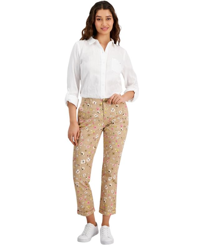 Tommy Hilfiger Women's Floral-Print Ditsy Hampton Chino Rolled-Cuff Pants (Sand Combo, 2)