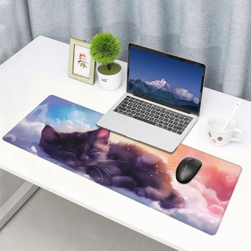 Alfombrilla de escritorio grande con estampado de gato durmiendo y nubes 2