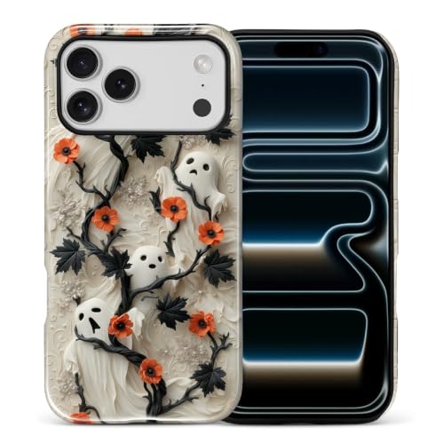 NONMY for iPhone 17 Pro Max/iPhone 18 Pro Max Case,Hybrid 2 Layer Hard Shell Silicone Protective Case - Orange Flower Ghost Halloween - Scratch Resistant Shockproof Cover