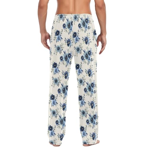 Mens Cotton Pajama Pants Sleep Lounge Pj Bottoms Sleepwear with Pockets Drawstring S Dark Blue Flower3