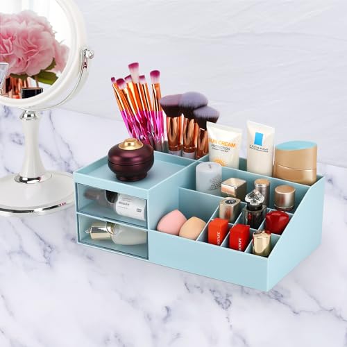 Image of LETURE Desk Organizer, Cosmetic Makeup Vanity Organizer Box, Bathroom Counter Makeup Storage for Eyeshadows, Skin Care, Concealers, Powders, Nail Polish (Blue)