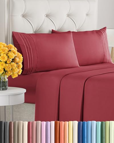 Image of King Size 4 Piece Sheet Set - Ultra Soft & Cooling Sheets - Berry | Fits 8 Inch to 16 inch Mattress, Wrinkle Free & Fade Resistant with Deep Pockets, Breathable, Comfy Hotel Luxury Bedding