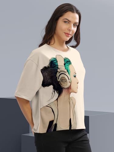 Image of HELLCAT Beige Printed Loose Fit Crew-Neck Crop T-Shirt for Women
