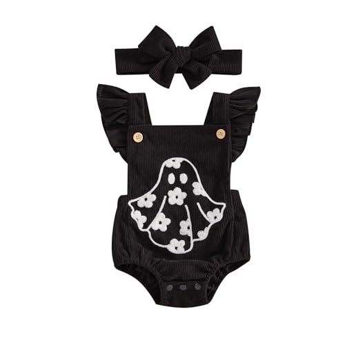 Muasaaluxi Newborn Baby Girl Halloween Outfit Ruffle Fly Sleeve Ghost Embroidery Romper Corduroy Bodysuit Headband 0-18M (Black, 6-12 Months)
