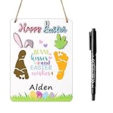 R HORSE Baby’s First Easter DIY Footprint Wooden Hanging Sign with Marker Pen, 3D Bunny Carrot Footprint Art Craft DIY Kit, Newborn Keepsake Gift Milestone Photo Props Nursery Decor