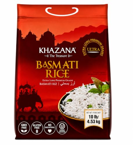 Authentic Extra Long Basmati Rice by Khazana in 10 lb Bag - Aromatic and Flavorful Indian Grain - Non-GMO, Gluten Free, Kosher, Cholesterol Free