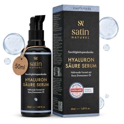 Satin Naturel Hyaluron Serum Hochdosiert 50ml – Bio Hyaluronsäure Serum Gesicht – Anti-Aging Feuchtigkeitsserum – Vegan – 24h Feuchtigkeit – Gesichtspflege für Frauen und Männer