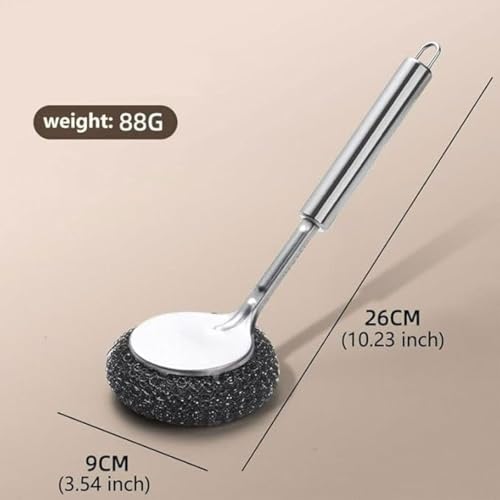 Image of OXSAM Dish Scrubber Brush, ‎Stainless Steel Scrubber with Long Wool Handle for Dishes Cookware Cleaning, Steel Sponge Ball Brush for Home and Office Tiles
