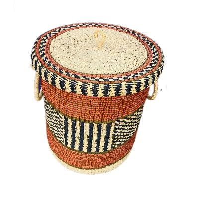 African Woven Laundry Basket for Clothes, Towels, Sheets, Blankets, Storage Basket with Lid, Rattan Hamper Basket, Ghana Basket for Storage (Small)