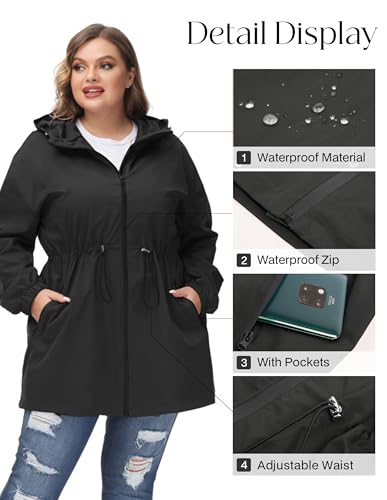 Hanna Nikole Women's Plus Size Long Hooded Raincoat Lightweight Waterproof Windbreaker Jacket2