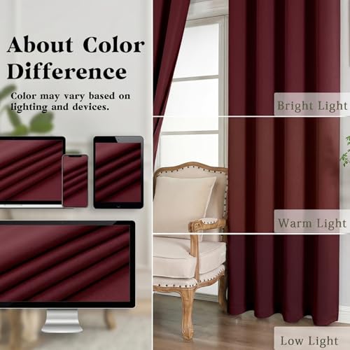 Image of Simplebrand Burgundy Room Darkening Curtains for Bedroom 63 Inch Length 2 Panels Set, Thermal Insulated Energy Saving Curtains for Kids Room, Grommet Solid Nursery Window Treatment Drapes, W40 x L63