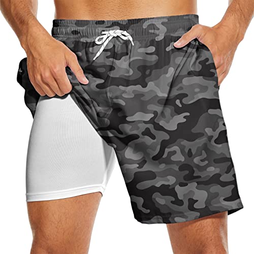 Camouflage Men's Swim Trunks with Compression Liner Stretch Beach Swim Shorts Swimsuit Swimwear