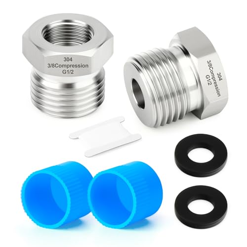 TAISHER 2PCS 304 Stainless Steel Reducer Water Hose Adapter 1/2" G Thread (BSP) × 3/8" Compression Pipe Fitting