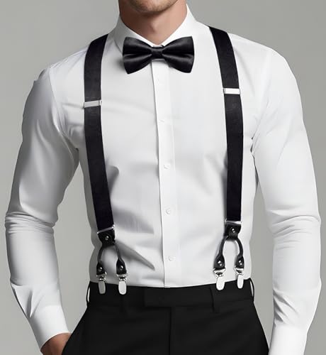 Image of Dubulle Suspender and Bow Tie for Men Paisley Solid Mens Suit Braces Pretied Bowtie and Handkerchief Cufflinks Formal Wedding