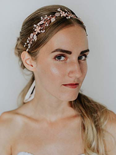 Sweetv Wedding Headband Flower Bridal Headpieces For Wedding Hair Accessories For Brides Hair Pieces Crystal Pearl Hair Vine Rose Gold #TOP2