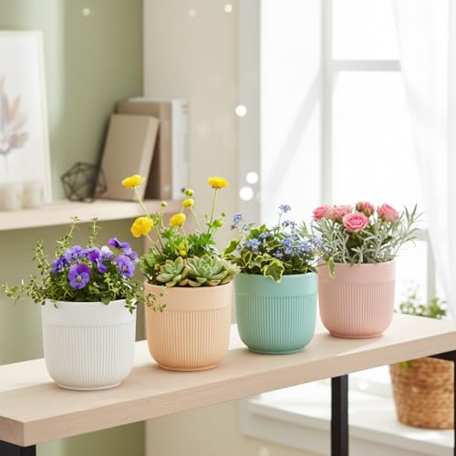 Image of Xtore 4 Pc Refined Minimal White Ceramic Planter Pot for Indoor Plants & Desk Styling | Compact Modern Tabletop Planter for Home, Office & Shelf Decor (Multicolor- Planters only)